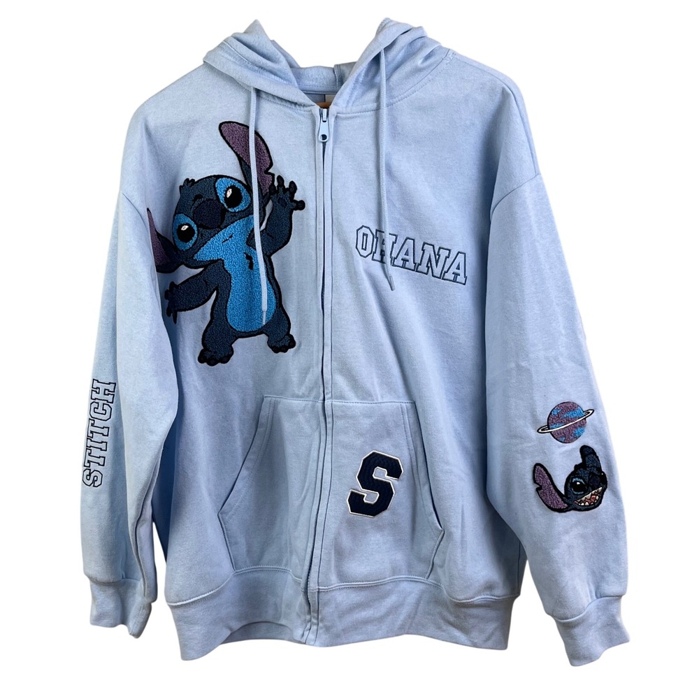 Disney Lilo & Stitch Light Blue‎ Full Zip Hoodie Embroidered Chenille Patches XL